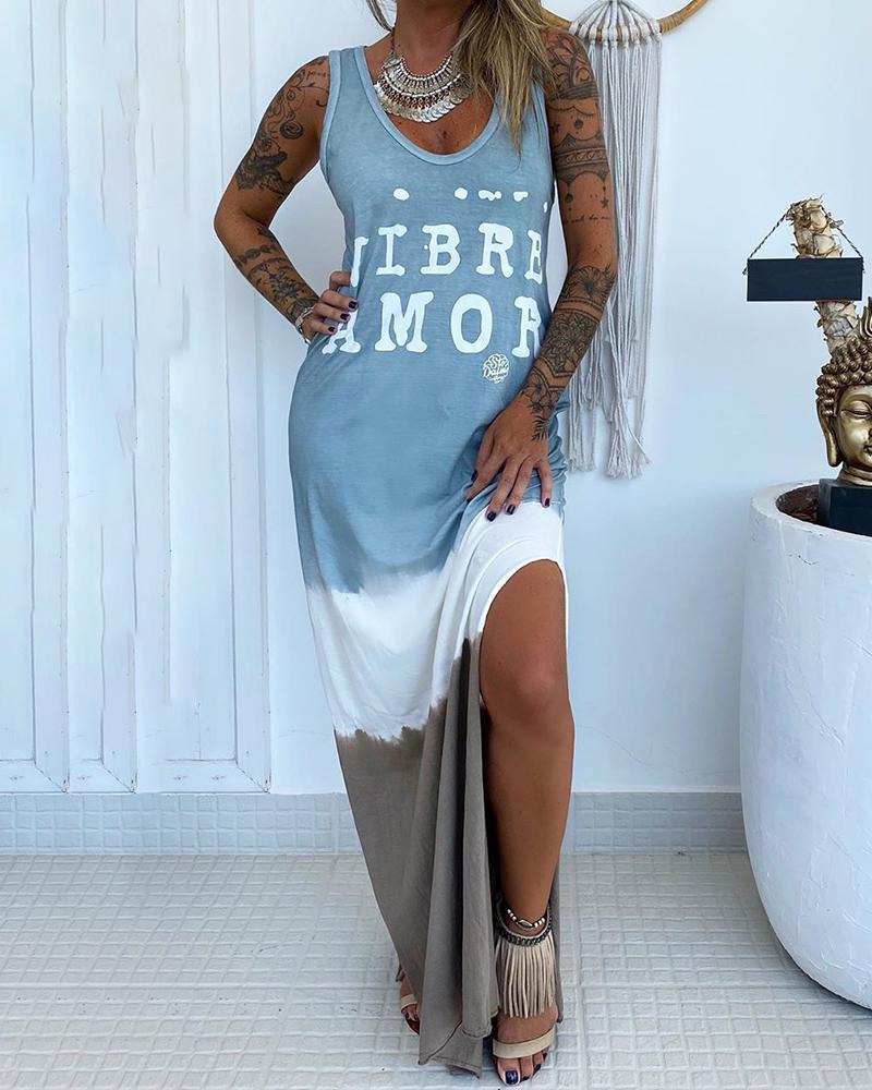 

Letter Print Colorblock Slit Maxi Dress, Blue
