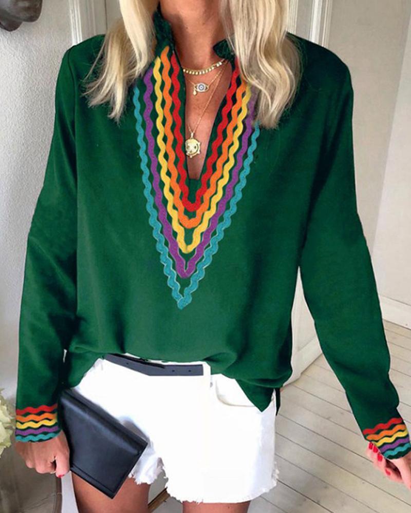 

Ethnic Colorblock Long Sleeve Casual Blouse, Green
