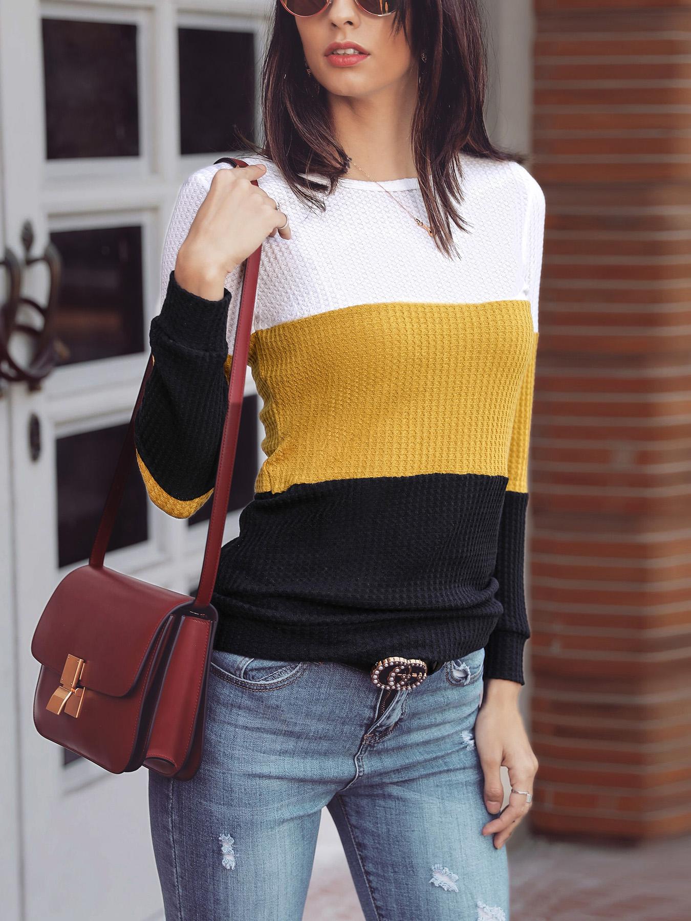 

Colorblock Long Sleeve Casual Sweater, Yellow
