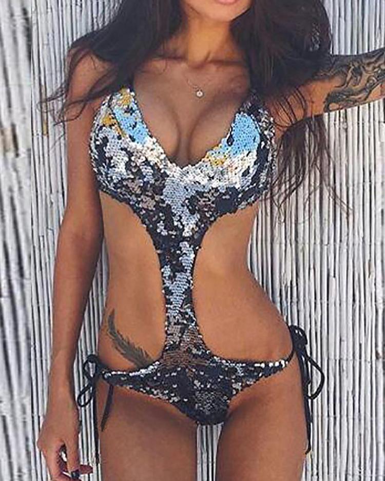 

Deep V Shinny Sequins One Piece Swimsuit, Silver