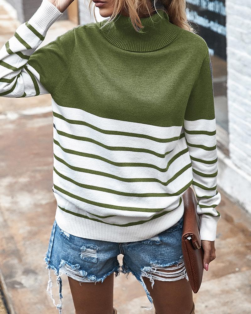 

Striped Colorblock High Neck Sweater, Green