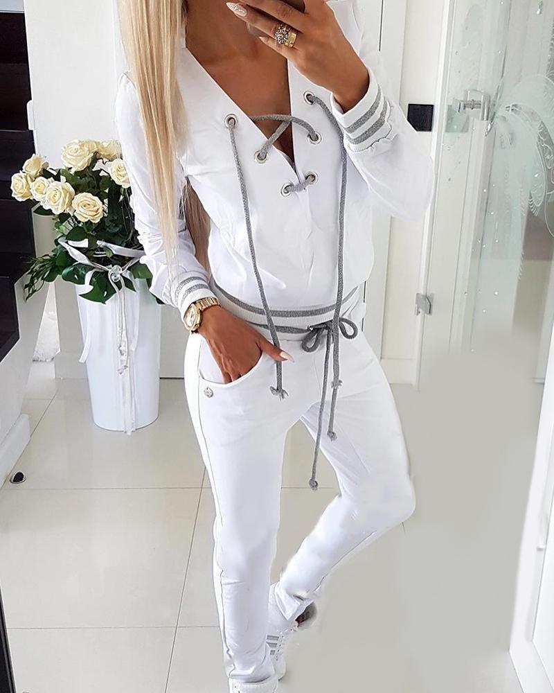 

Striped Eyelet Lace-up Top & Pocket Design Pants Set, White