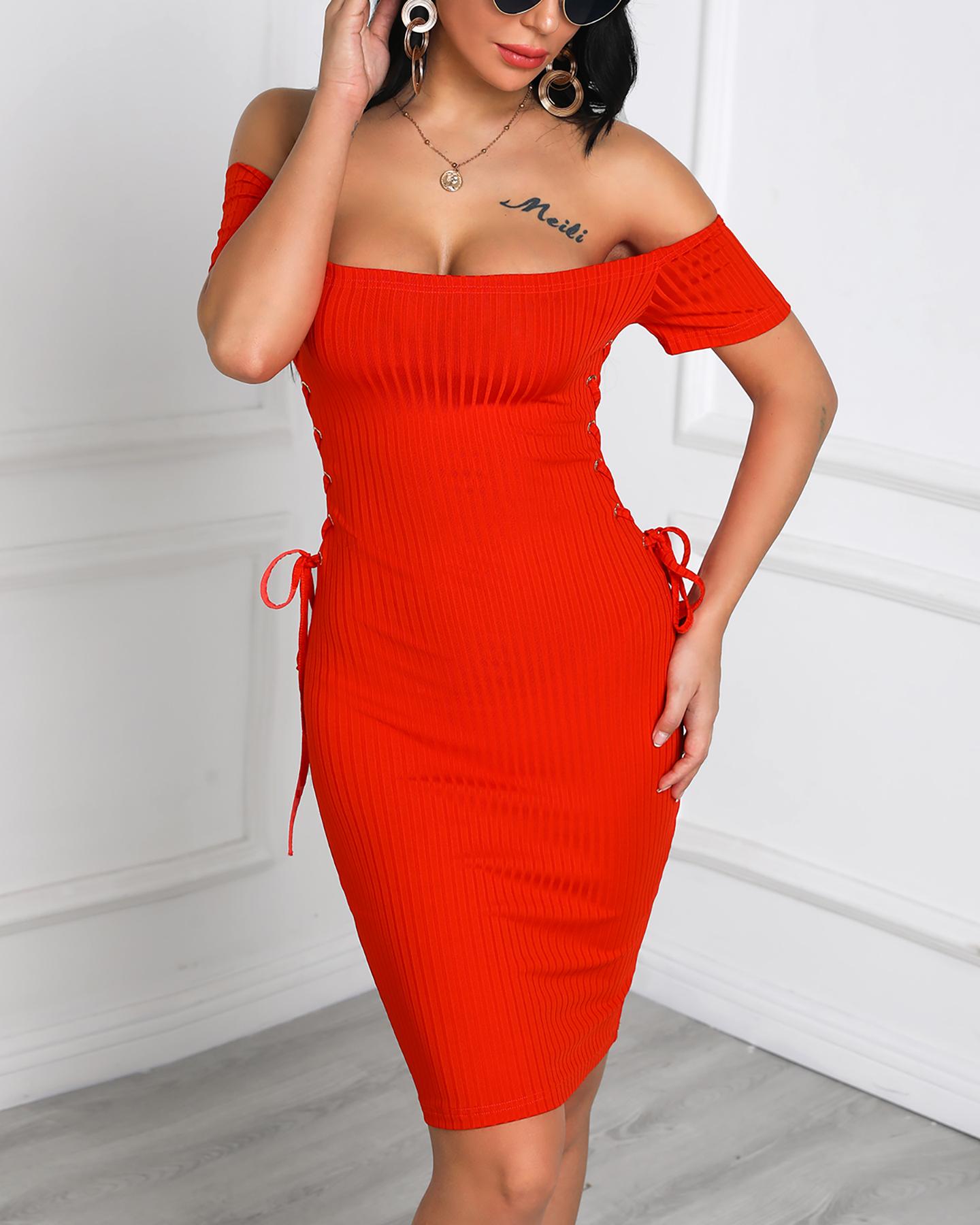 

Off Shoulder Lace-Up Detail Bodycon Dress, Hot pink