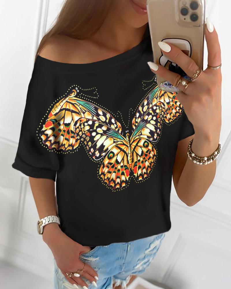 

Butterfly Print Short Sleeve Casual T-shirt, Black