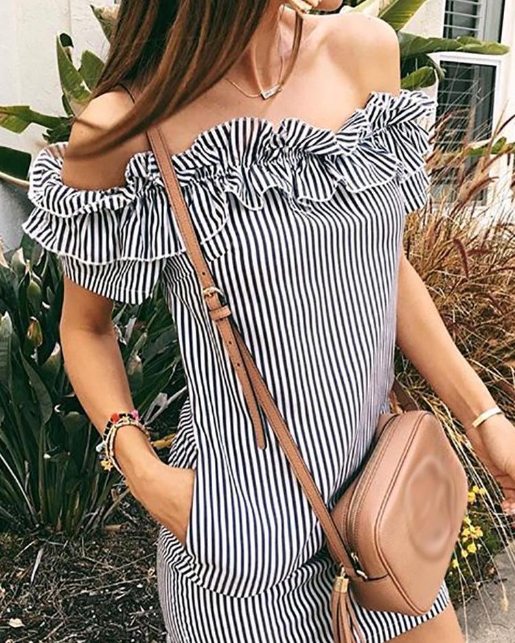 

Striped Ruffles Off Shoulder Pocket Mini Dress, Black