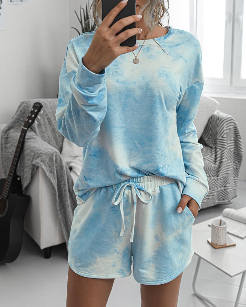 

Tie Dye Print Long Sleeve Pajamas Set, Blue