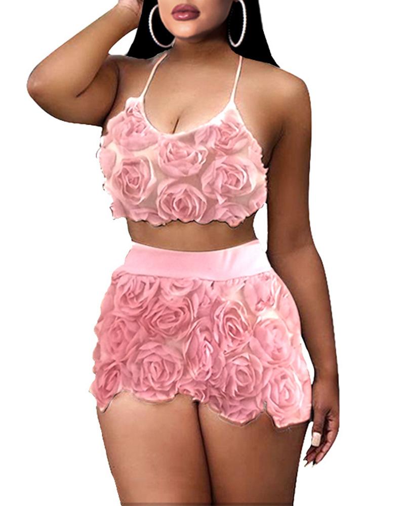 

Flower Applique Cami Top With Shorts, Pink
