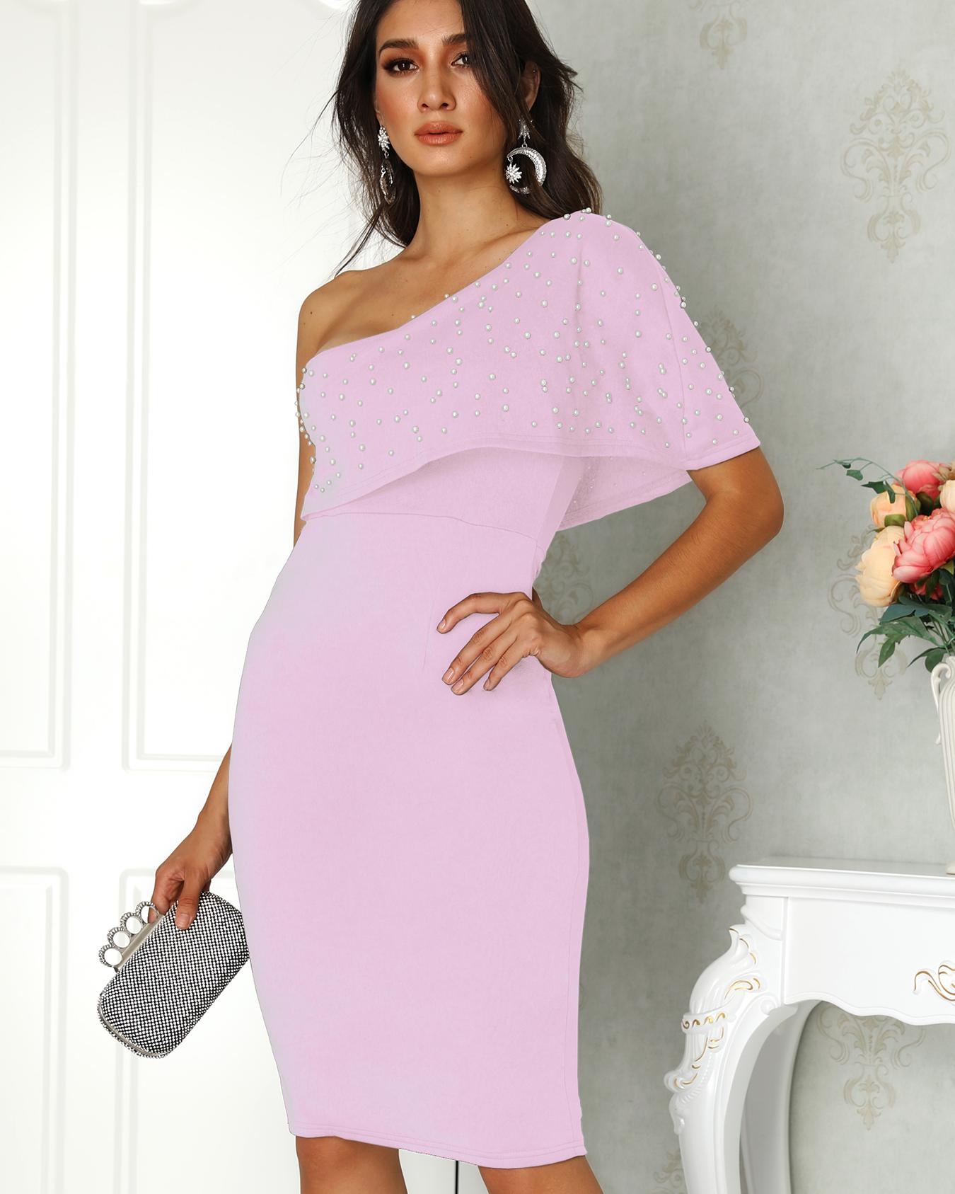 

Beaded Embellished One Shoulder Slit Bodycon Dress, Pink