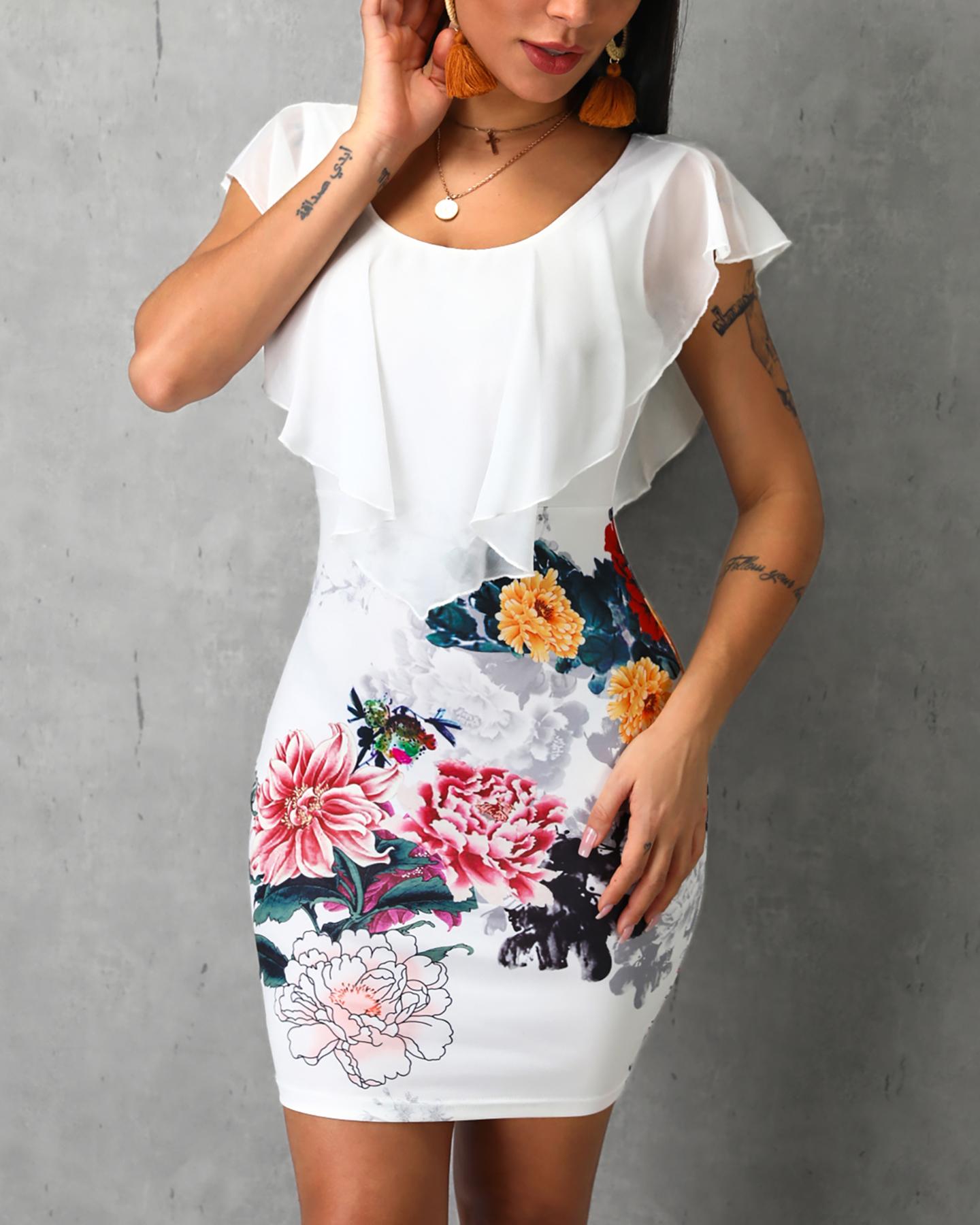 

Floral Print Ruffles Design Bodycon Dress, Multicolor