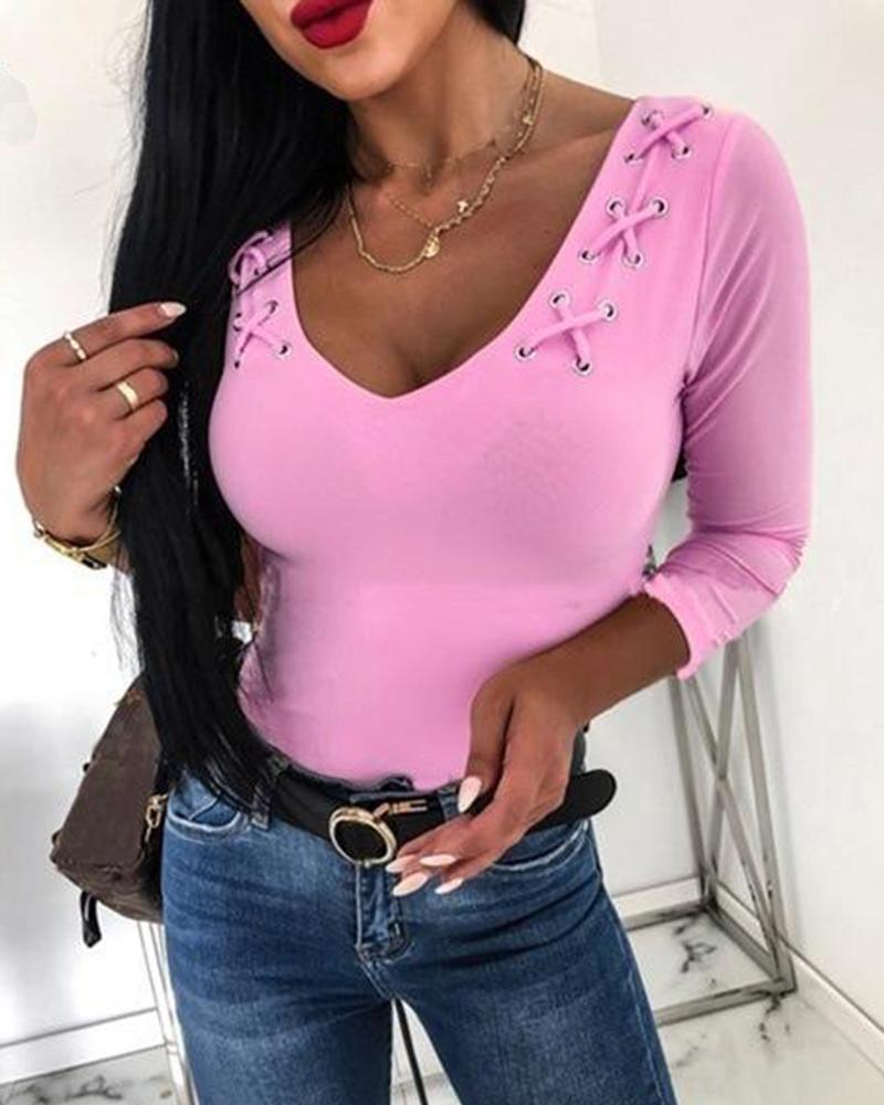 

V Neck Lace-Up Detail Top, Pink