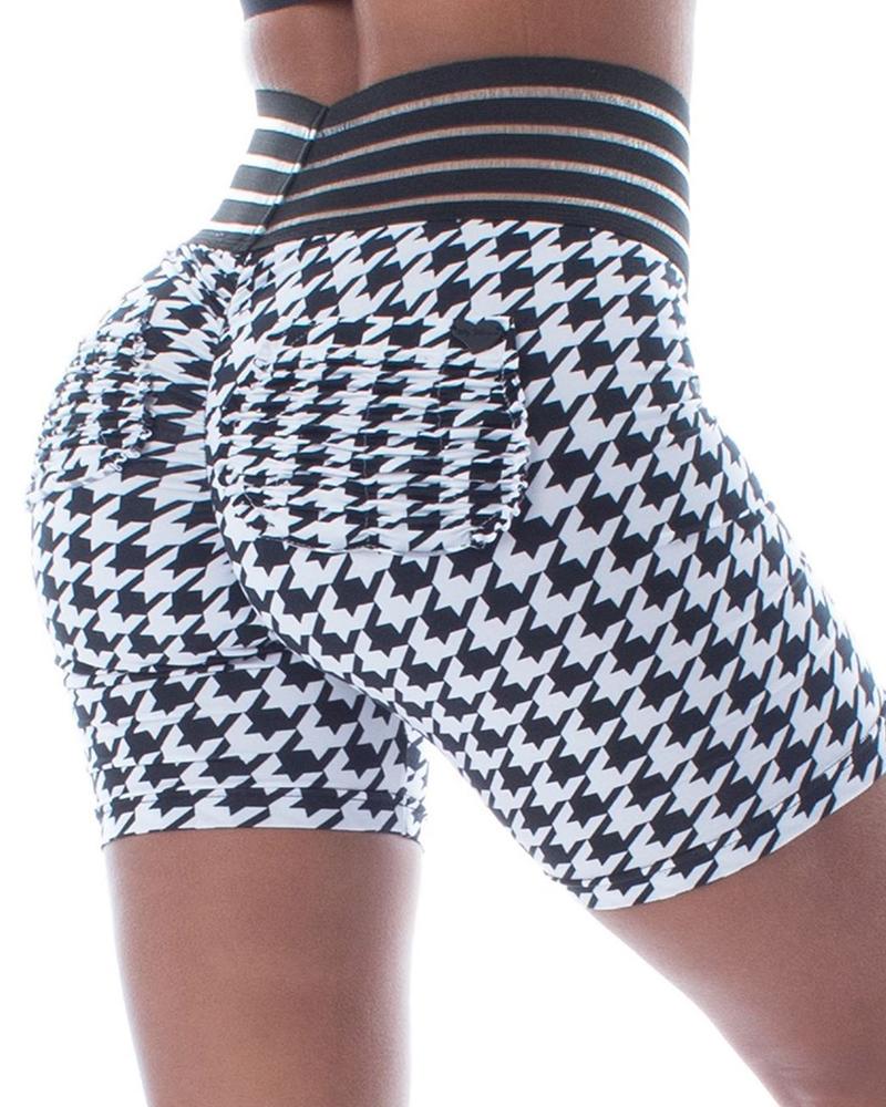 

Houndstooth Print Wide Wasitband Ruched Casual Shorts, Black