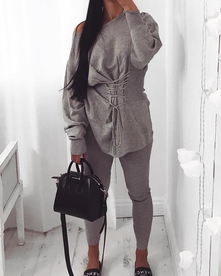 

Fashion Solid Lace-up Tied Waist Pantsuit, Wine red