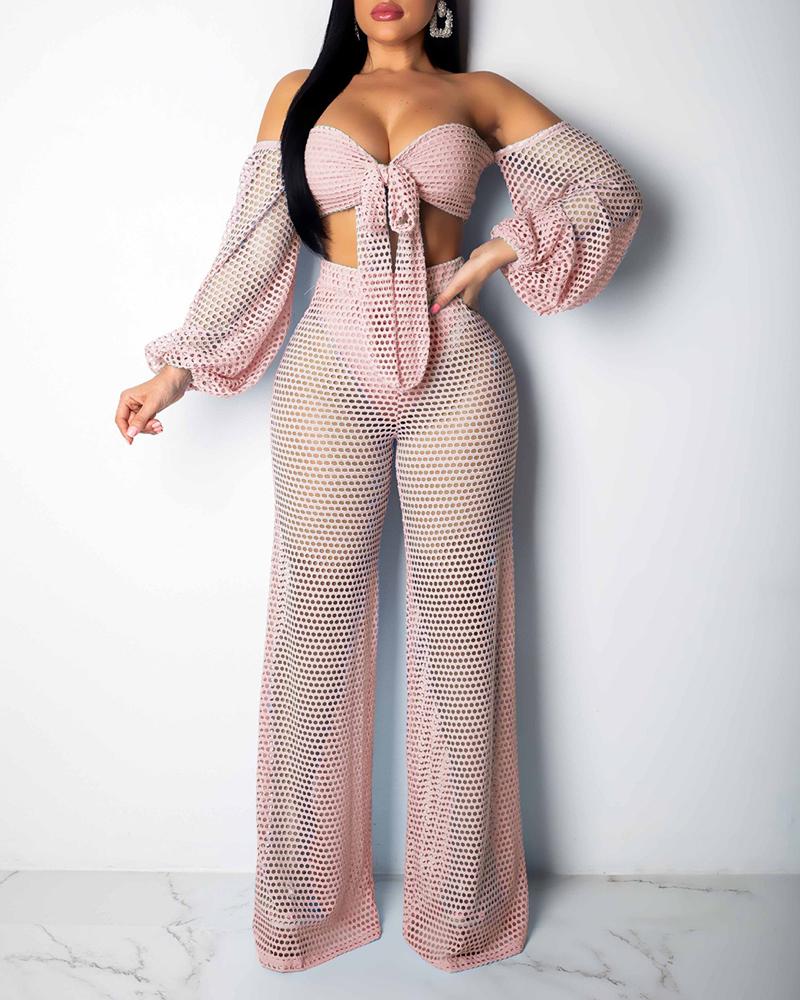 

Sheer Off Shoulder Fishnet Crop Top & Pant Sets, Pink