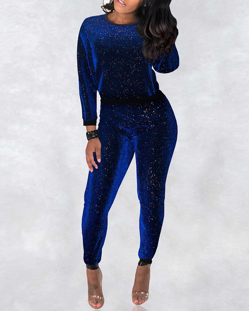 

Glitter Long Sleeve Top & Pants Sets, Blue