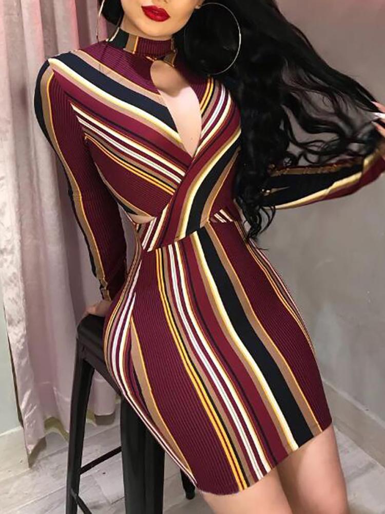 

Multicolor Stripes Cutout Bodycon Dress, Wine red