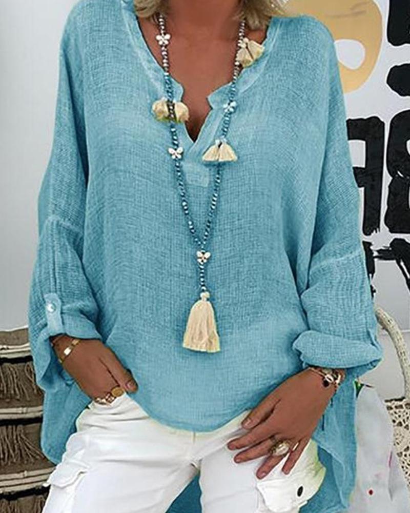 

Oversized V Neck Long Sleeve Blouse, Blue