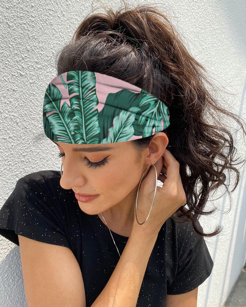 

Tropical Print Yoga Running Elastic Headwraps Hair Band, Green