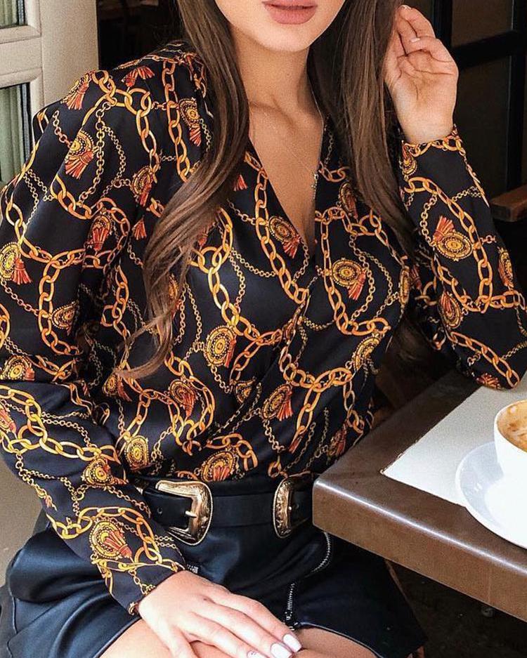 

Chain Print V-Neck Long Sleeve Blouse, Black