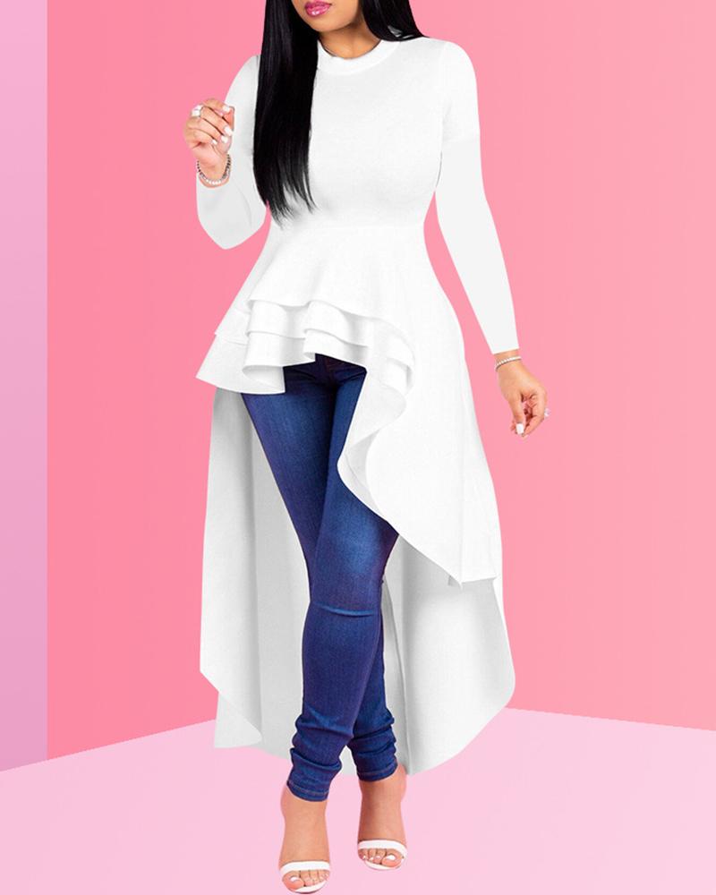 

Solid Ruffles Dip Hem Long Sleeve Blouse, White
