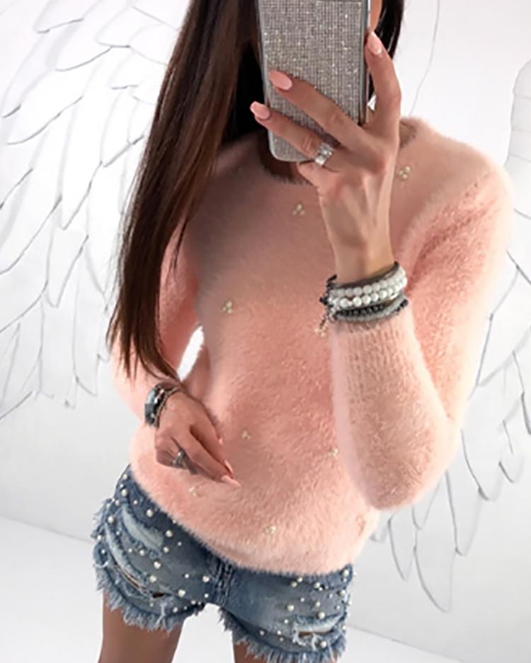 

Solid Fluffy Beaded Casual Sweater, White