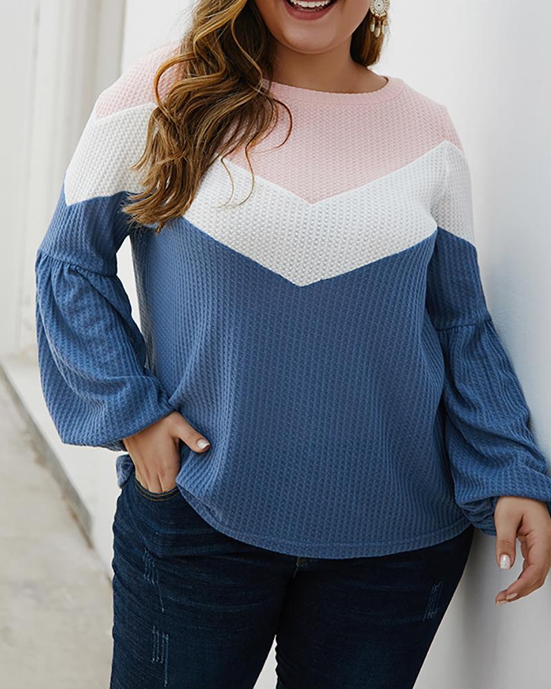 

Plus Size Colorblock Lantern Sleeve Top, Blue