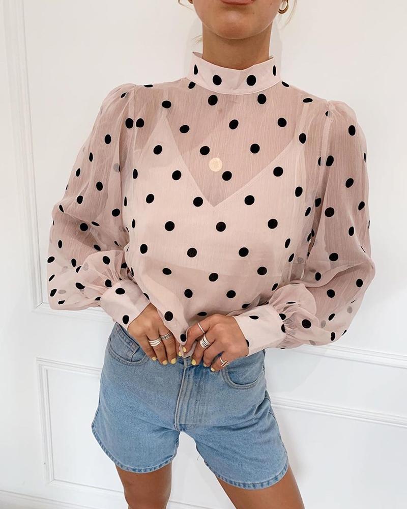 

High Neck Polka Dot Mesh Top