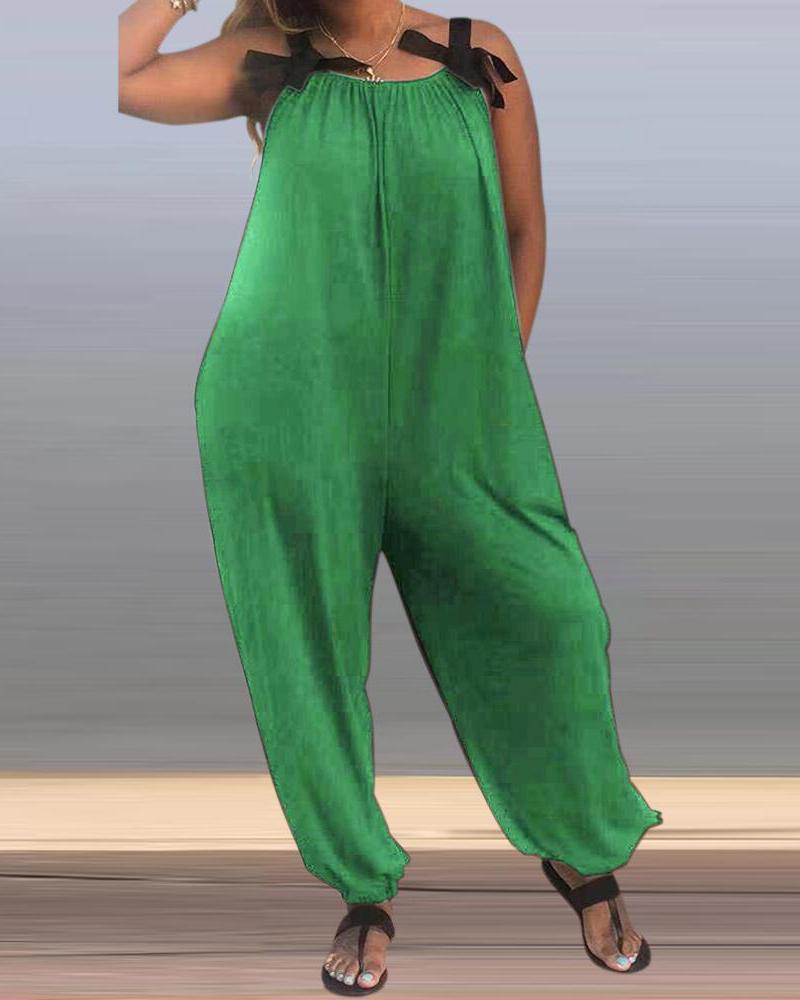 

Bowknot Strap Casual Loose Jumpsuits, Green