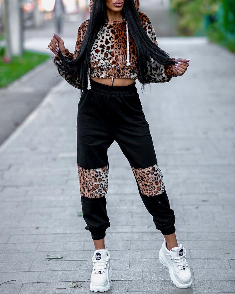 

Leopard Drawstring Design Hooded Top & Casual Pant Sets