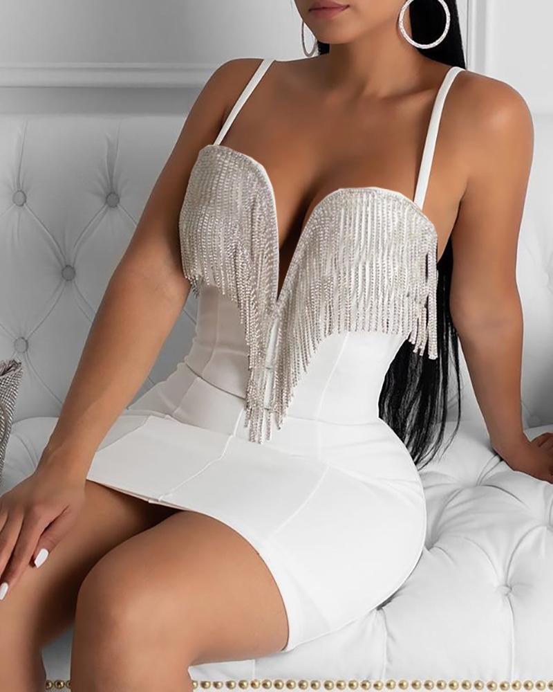 

Spaghetti Strap Tassel Design Bodycon Dress, White