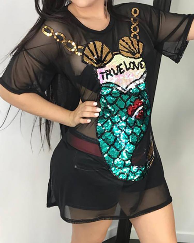 

Alluring Sequined Mermaid Pattern Mesh Dress, Black