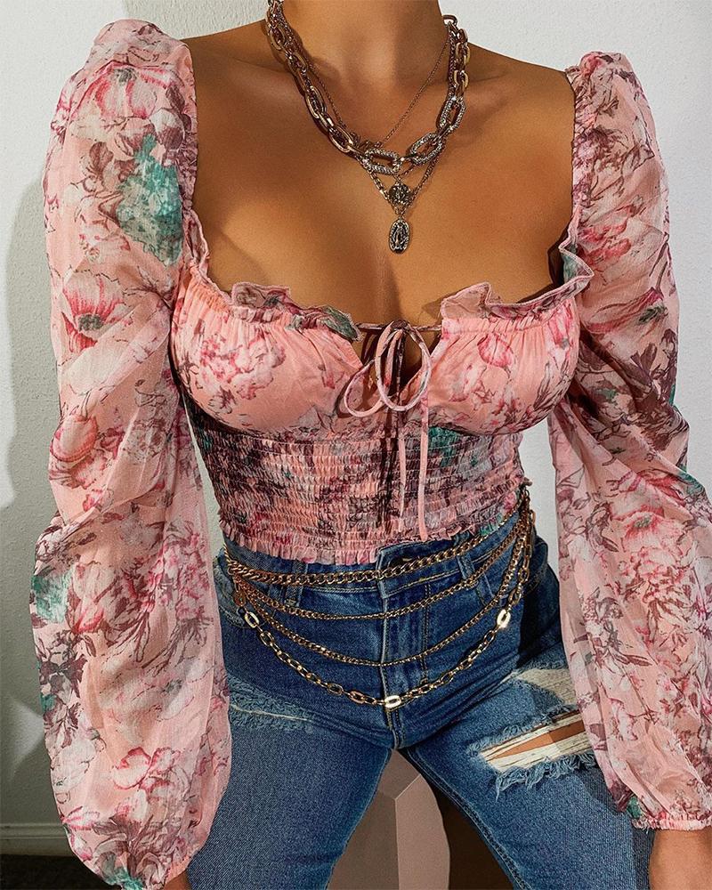 

Floral Print Smocked Waist Blouse, Pink