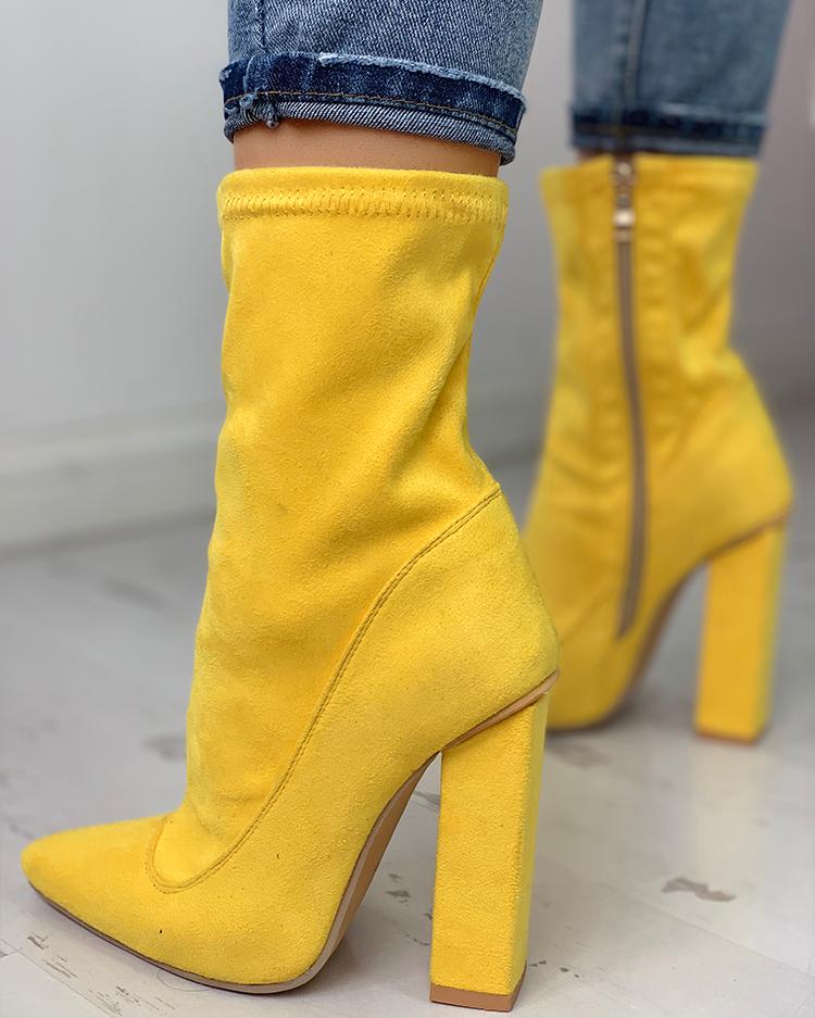 

Suede Side Zipper Up Chunky Heeled Boots, Yellow