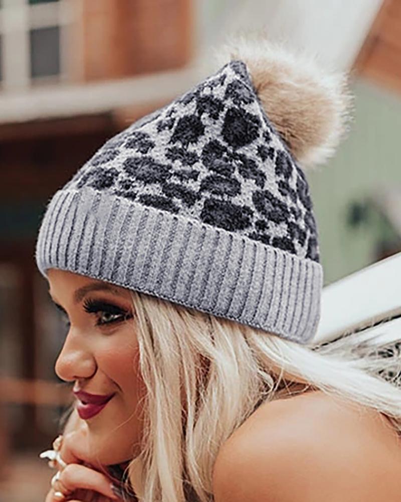 

Cheetah Print Pom Pom Cuffed Beanie, Gray