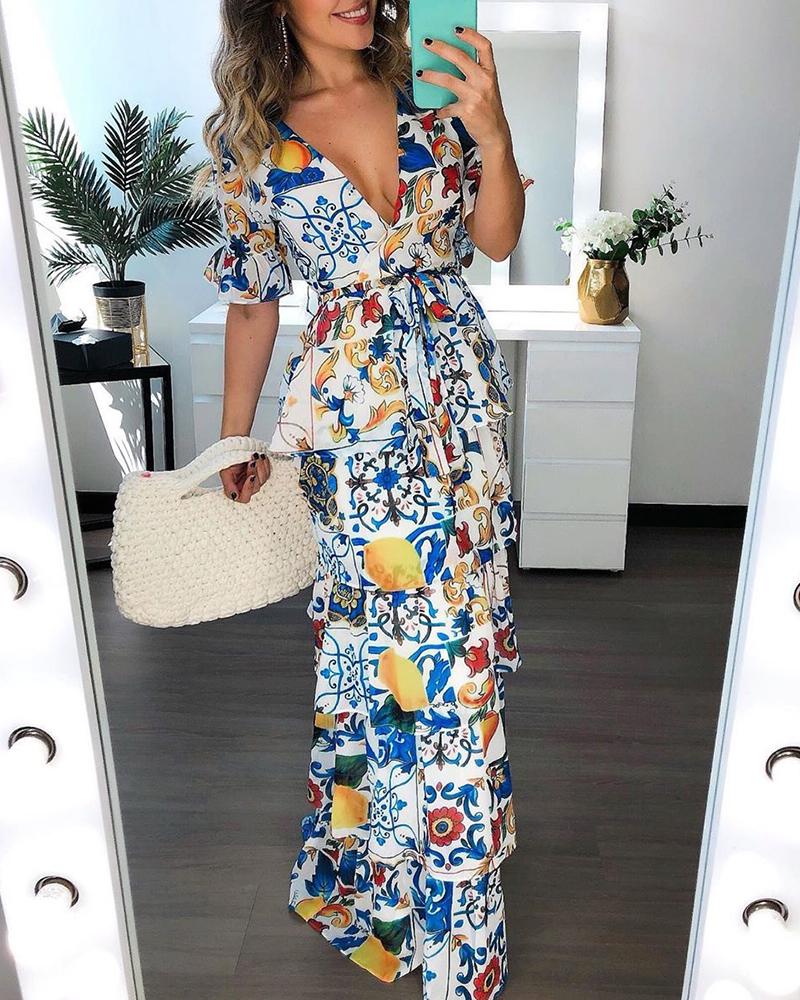 

V Neck Short Sleeve Print Layered Maxi Dress, Blue