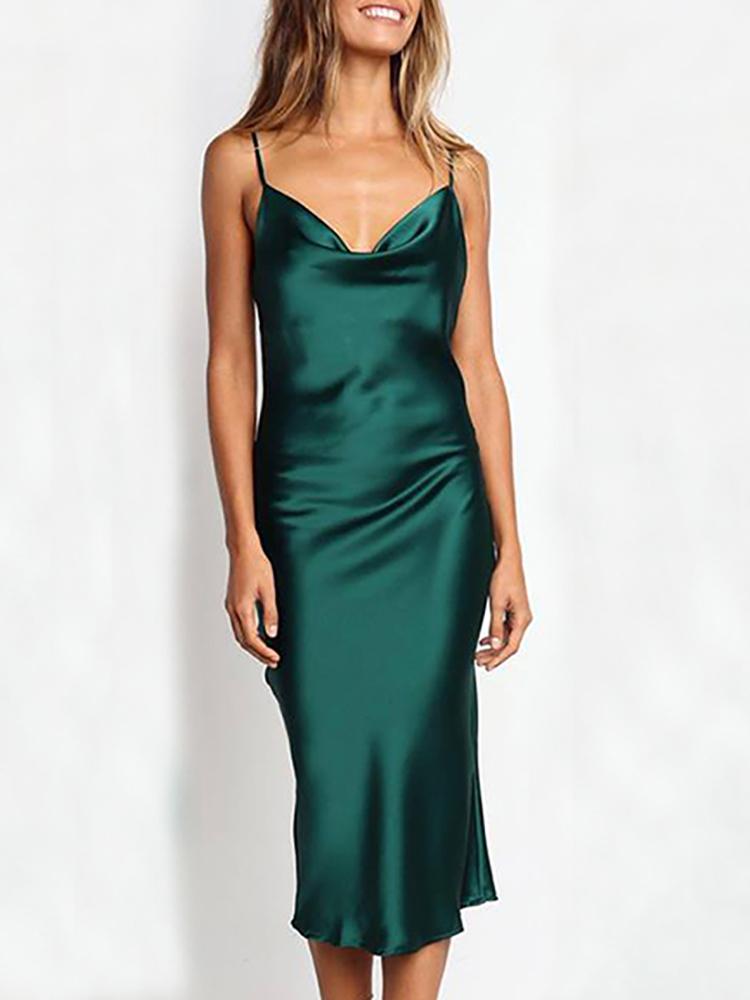 

Cowl Neck Spaghetti Strap Satin Dress, Green