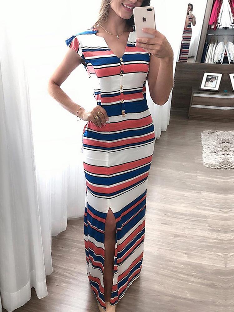 

Contrast Stripes Button Detail Slit Maxi Dress