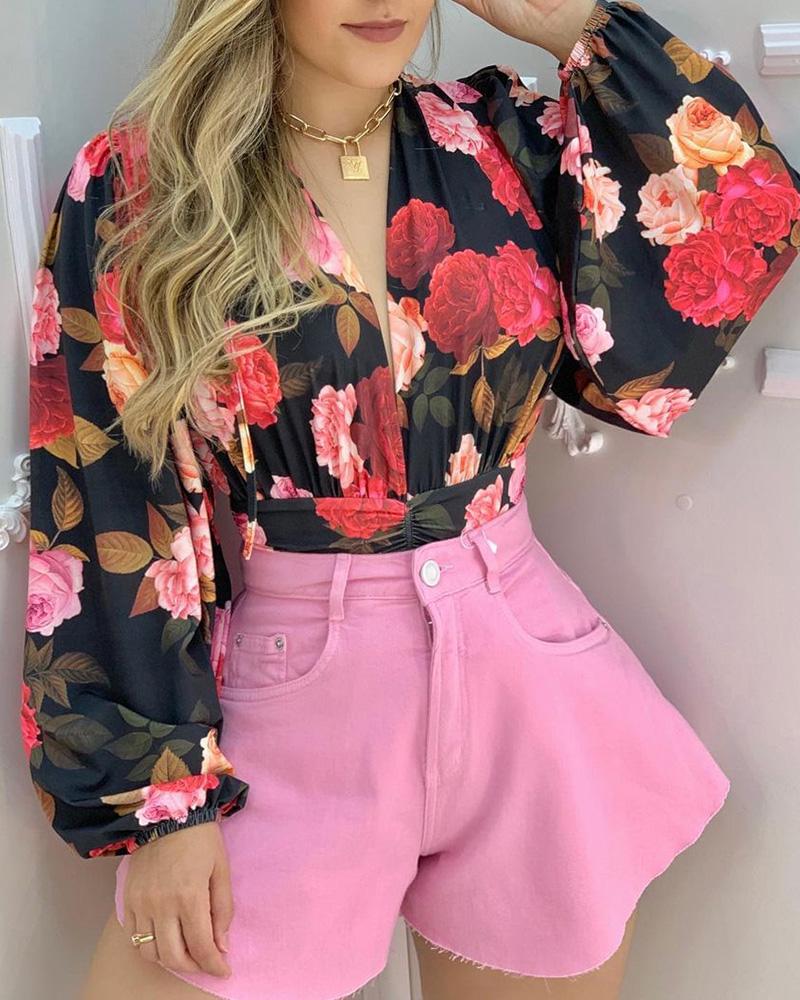 

Floral Print Long Sleeve Casual Blouse, Black