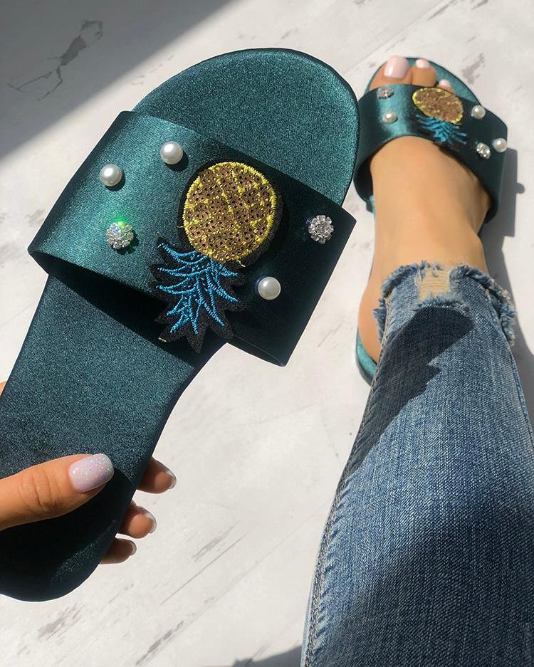 

Pineapple Embellished Single Strap Sandals, Green