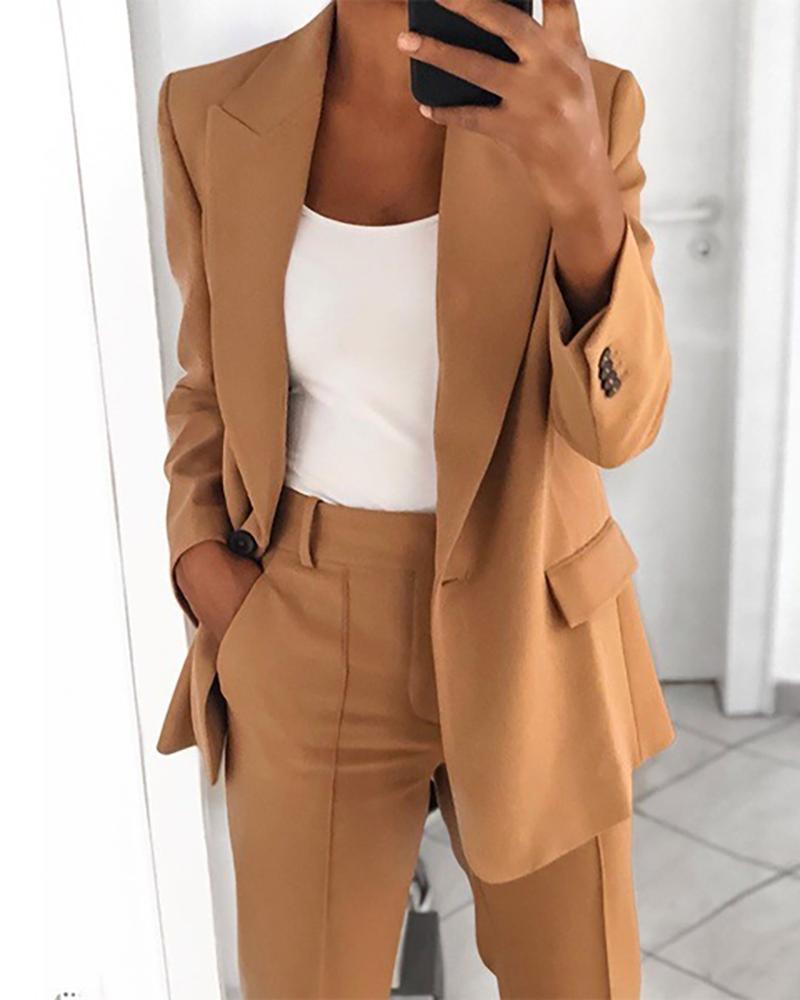 

Plain Pocket Design Blazer Coat & Pants Set, Khaki