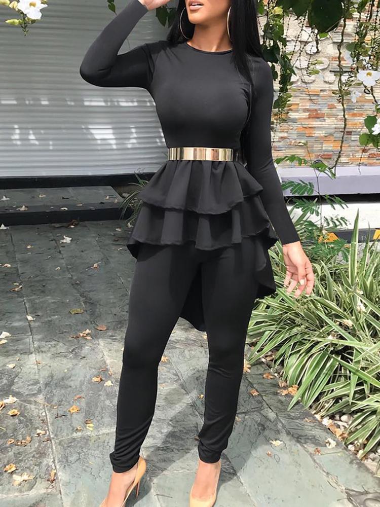 

Layered Ruffles Dip Hem Top & Pants Set, Black