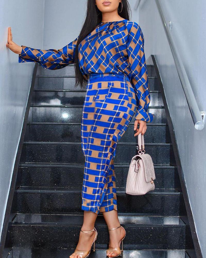 

Checkered Top & Pants Suit Set, Blue