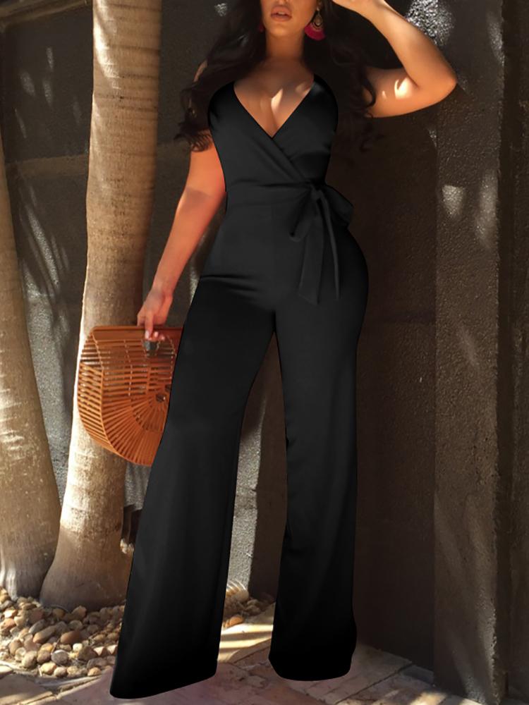 

Oversize Halter Backless Belted Deep V Wrap Jumpsuit