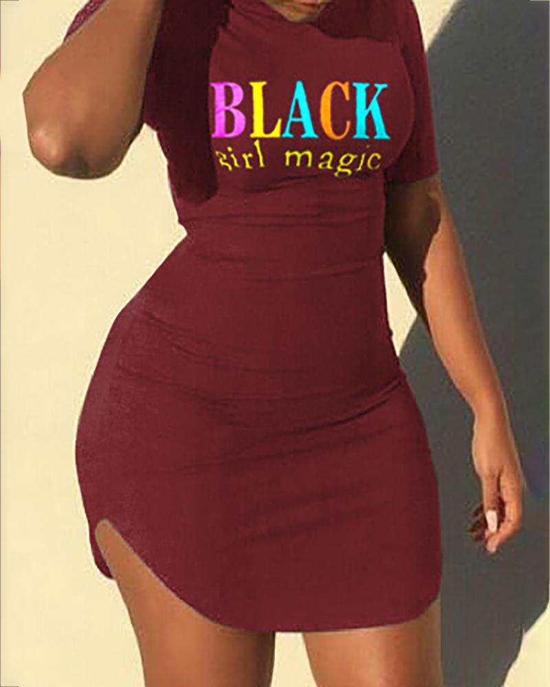 

Letter Print Slit Bodycon Dress, Wine red
