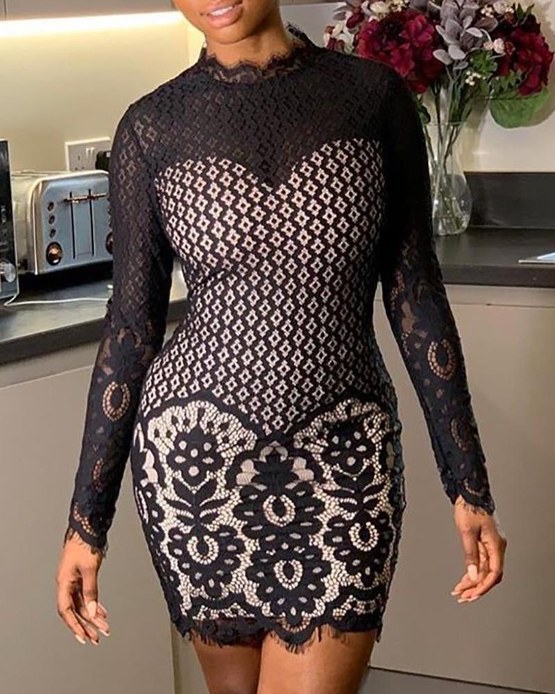 

Mesh Eyelash Lace Floral Bodycon Dress, Black