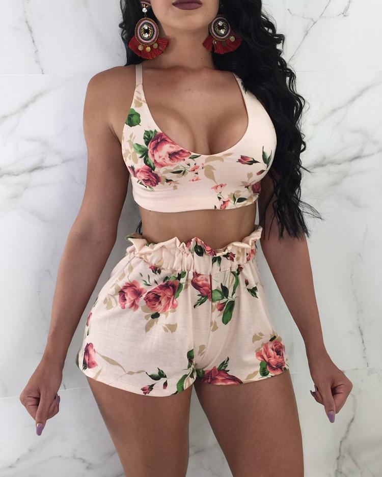 

Floral Tied Back Top and Shorts Set, Pink