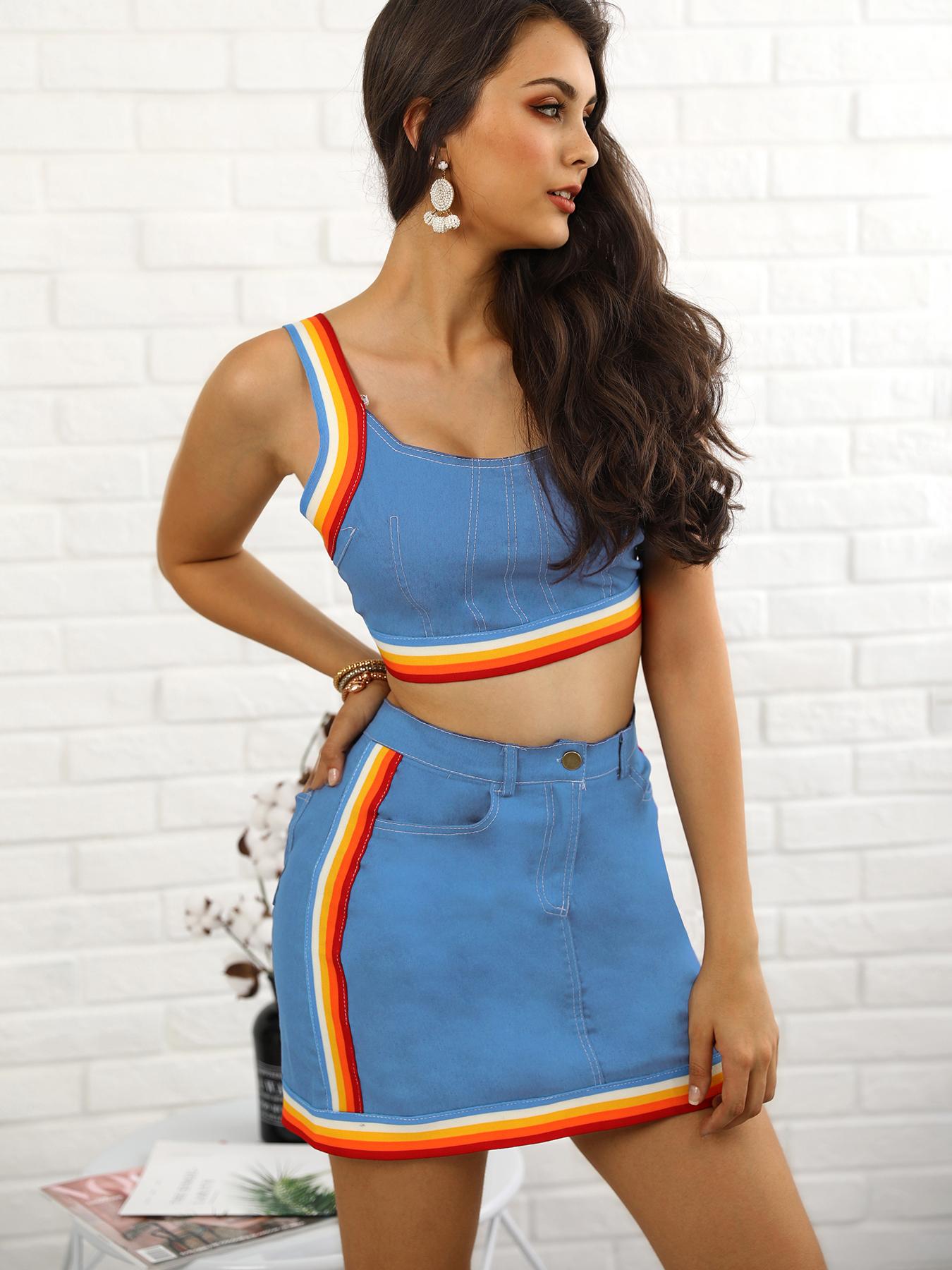 

Colorful Striped Tape Denim Cami Top & Skirt Set