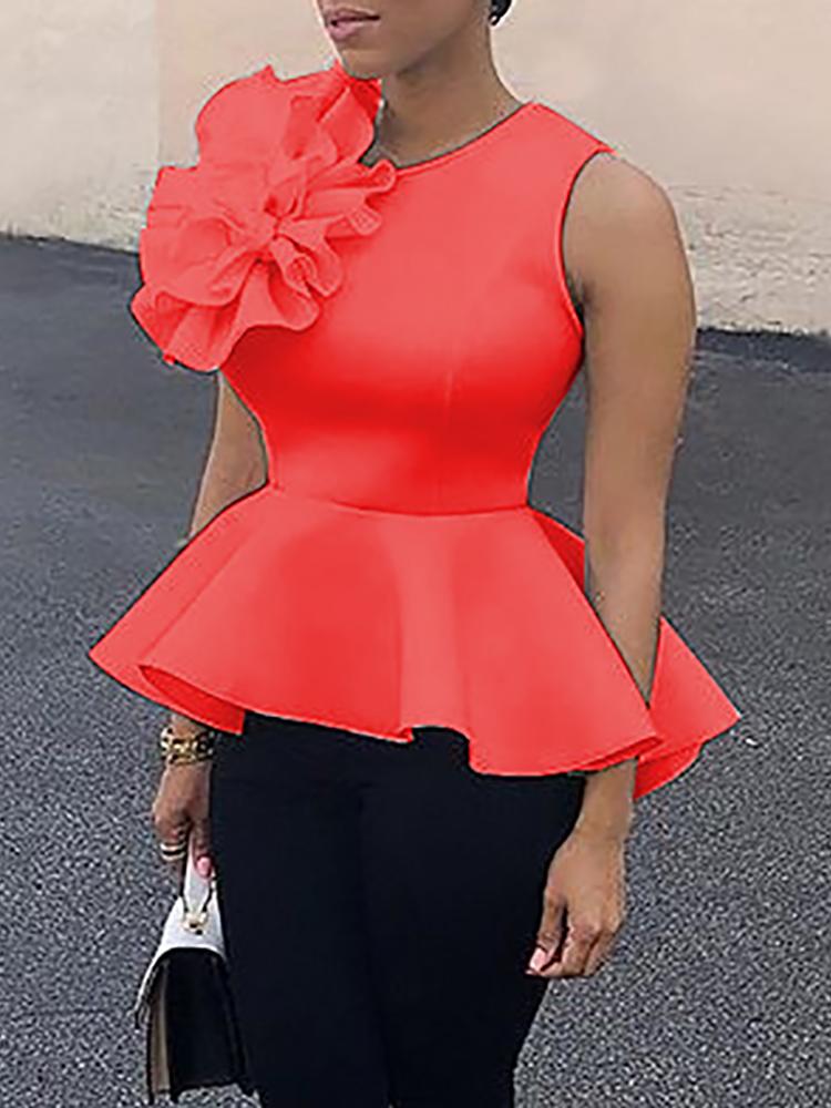 

Flower Applique Zipper Back Peplum Top, Orange