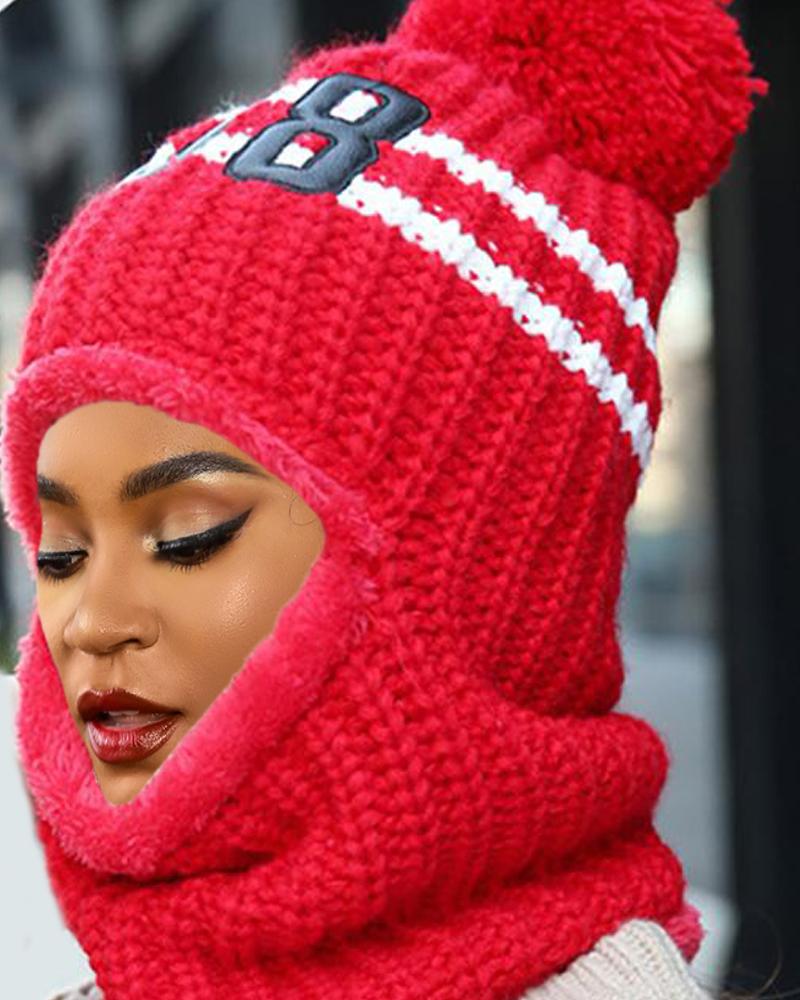 

Pom Pom Colorblock Knit Warm Beanie, Red