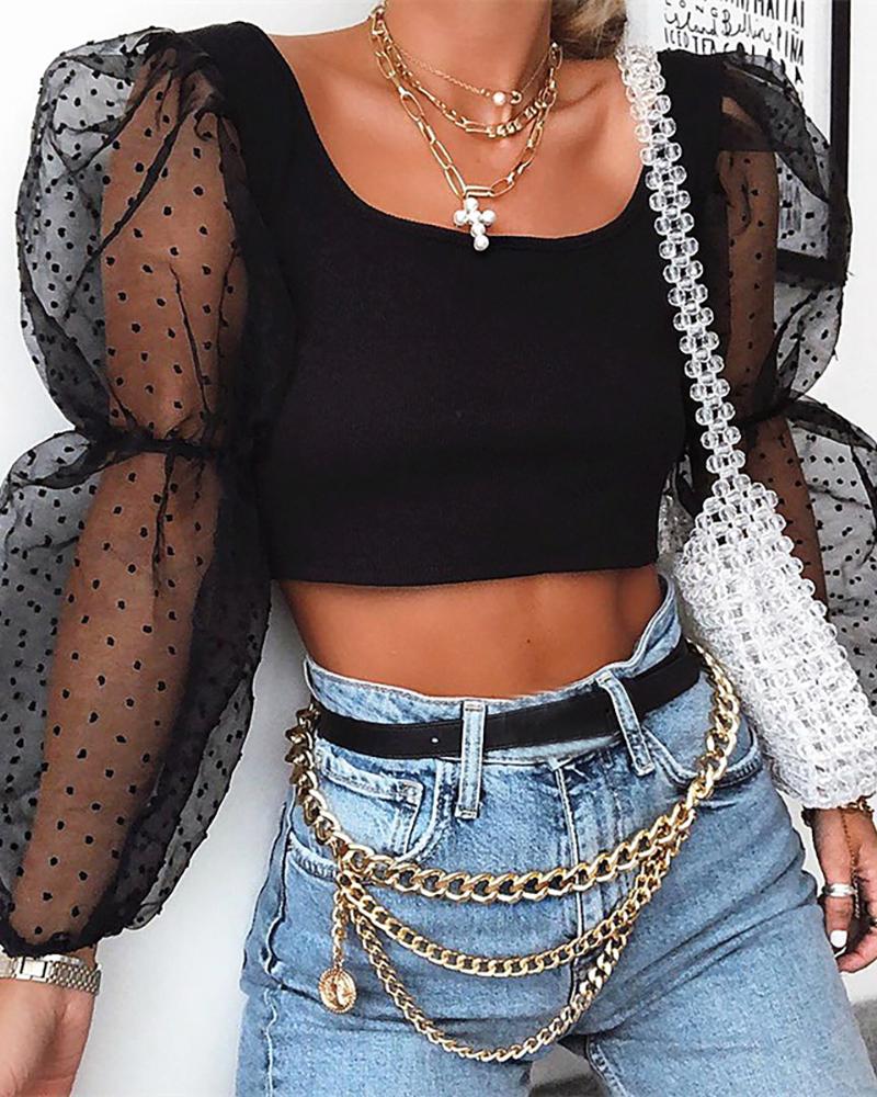 

Dot Mesh See Through Crop Top, Black