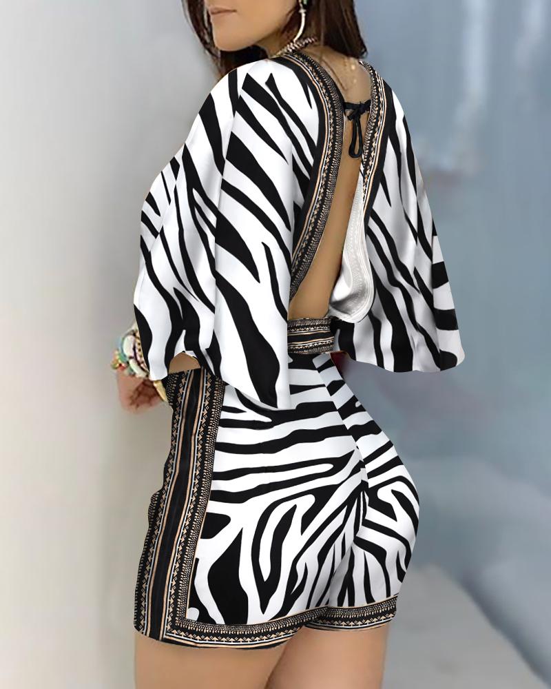 

Zebra Print Backless Casual Romper, White